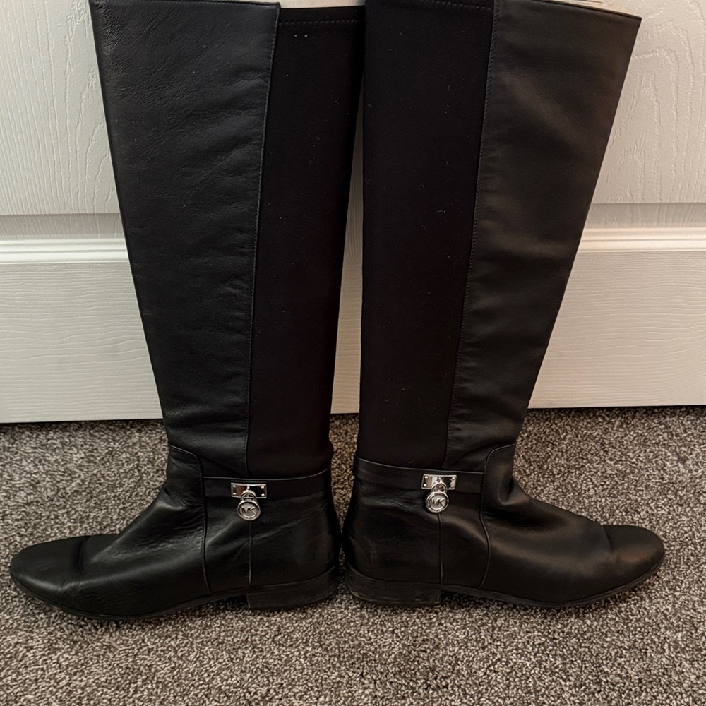 Michael Kors Black Knee-High Leather Riding Boots with Silver Hardware - Picture 4 of 6